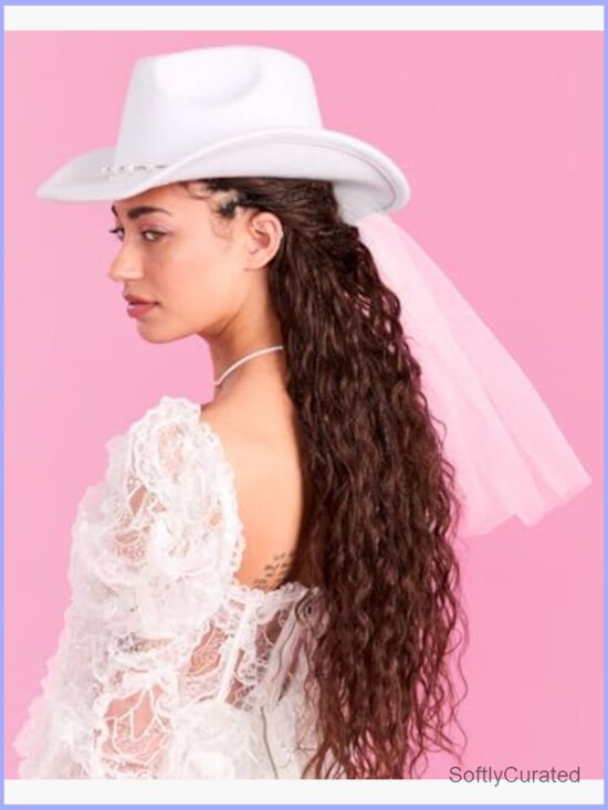 White Felt Cowgirl Hat with Rhinestone Bride & Veil - Bachelorette Party main image 7